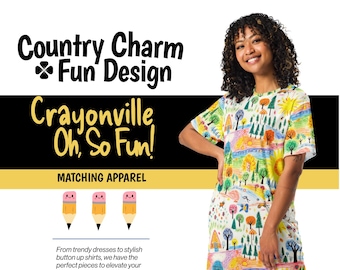 Crayonville Country Charm T-Shirt Dress Ladies Women Teens - Funky Fun School Dress - Preschool Kindergarten Elementary School Teachers