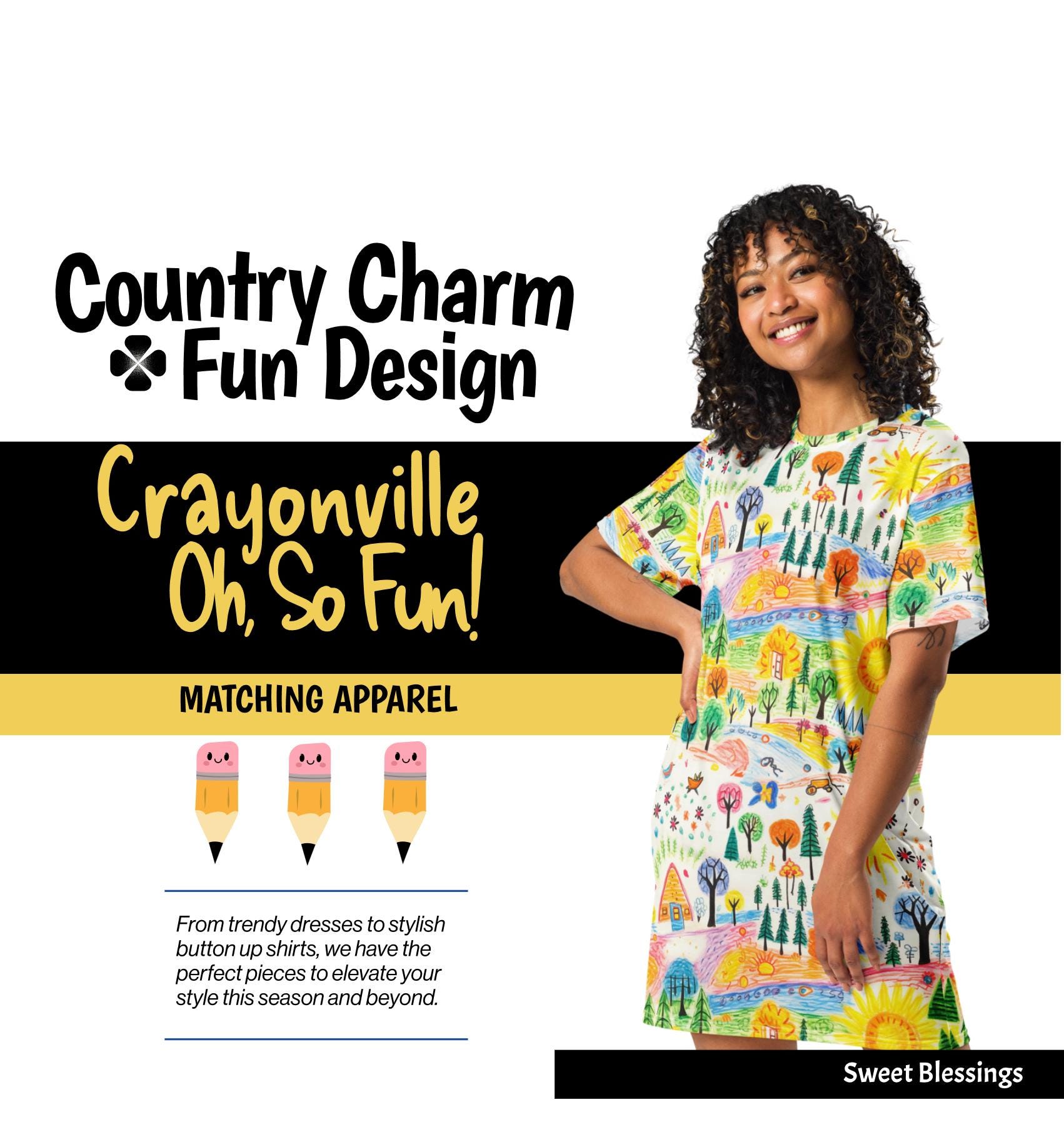 Vestido estilo camiseta con estampado campestre de Crayonville para damas, mujeres y adolescentes. Vestido escolar divertido y moderno. Ideal para preescolar, jardín de infantes y primaria.