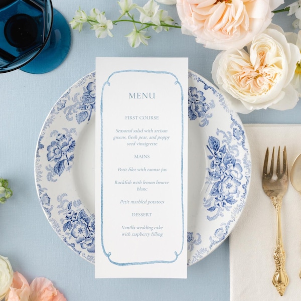 Elegant blauw aquarel trouwmenu - direct downloaden - zelf bewerken en afdrukken