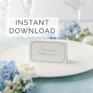 Tarjetas de lugar con borde de acuarela verde pintadas a mano - Bodas y eventos - Descarga digital