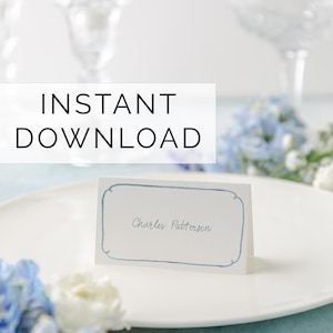 Tarjetas de lugar con borde de acuarela azul pintadas a mano - Bodas y eventos - Descarga digital