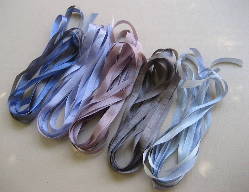 10 metres of 7mm silk ribbon Stormy Weather Mix