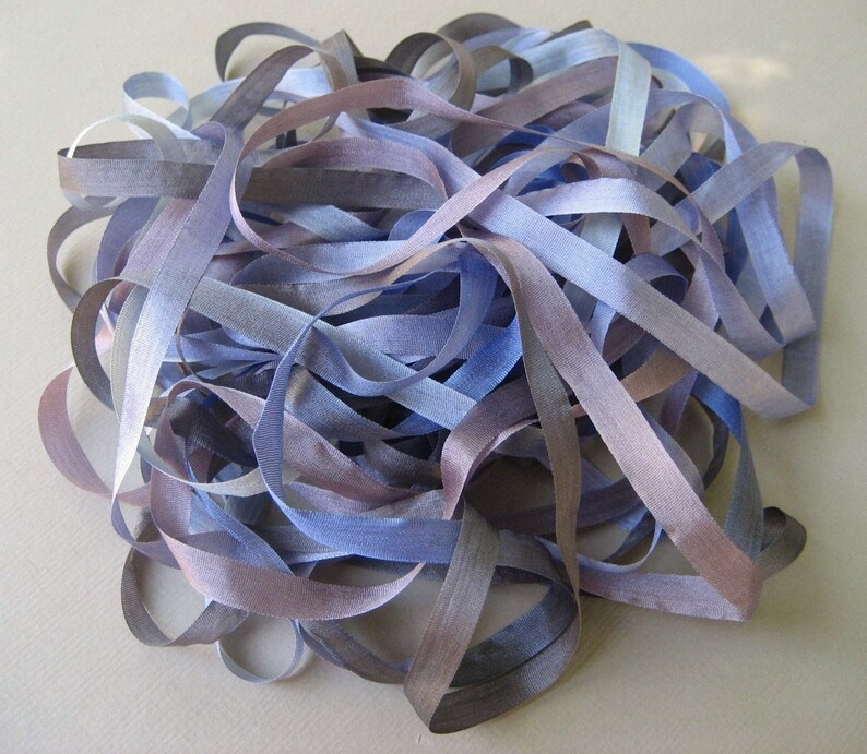 10 metres of 7mm silk ribbon Stormy Weather Mix