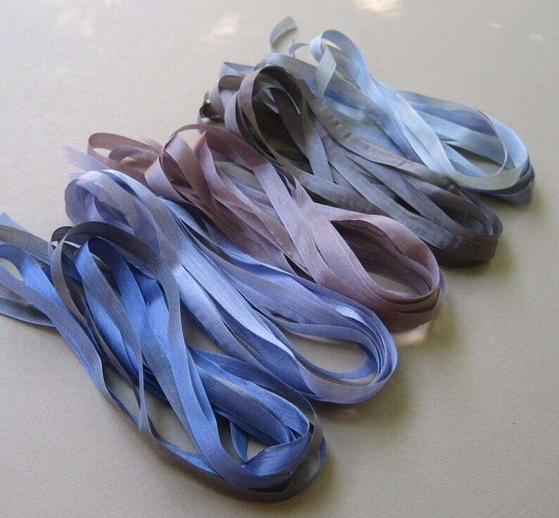 10 metres of 7mm silk ribbon Stormy Weather Mix