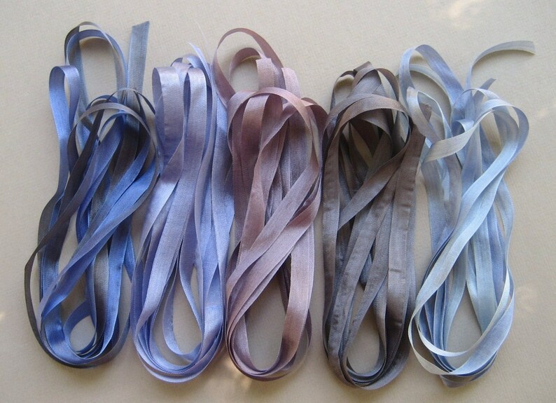 10 metres of 7mm silk ribbon Stormy Weather Mix