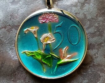 South Africa - Flowers Coin Pendant. Hand Painted Coin by Ann Nolen.  Coin size Small, about 1 inch. Coin dates 1965 or 1966.