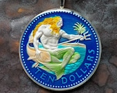 Barbados - Neptune Coin Pendant. Artist Hand Painted. Leslie Collection - Limited Edition Animal Jewelry Keepsake