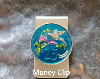 Jamaica - Hummingbird Coin Money Clip. Hand Painted Coin by Ann Nolen. Carry Cash or cards in pocket or small purse. Wallet.
