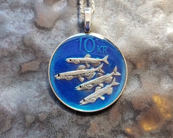 Hand Painted Iceland Coin, Capelin Fish Pendant. 1 inch Coin dated 2005.
