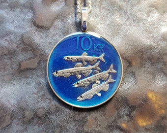 Iceland coin, Capelin Fish. Hand Painted by Ann Nolen.   Coin size Small, about 1 inch. Coin date 2005. 10 Kronur. Coin Jewelry.