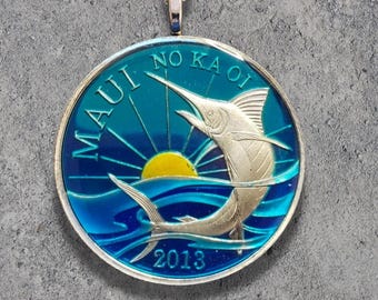 Hand Painted Maui Hawaii coin, Swordfish Pendant. 1-1/2 inch coin dated 2013.