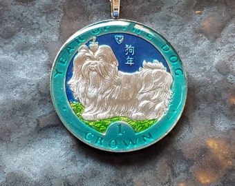 Isle of Man -  Pekingese Year of the Dog Coin Pendant. Hand Painted by Ann Nolen. Coin size Large, about 1-1/2 inch. Coin date 1994