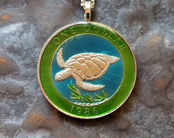Coin from Bermuda, Hand Painted by Ann Nolen. Sea Turtle. Coin size Large, about 1-1/2 inch. Coin date 1986. Pendant - Jewelry.