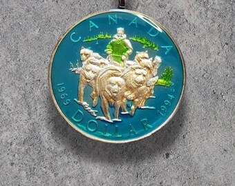 Hand Painted Canada coin, Dog Sled Pendant. 1-1/4 inch coin dated 1994.