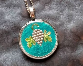 Cyprus - Wine Grape Bunch Coin Pendant - Hand Painted by Ann Nolen. Coin size Small, about 1 inch. Coin date 1960.