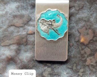 Money Clip. Coin from Swaziland, Hand Painted by Ann Nolen. Elephant. Carry Cash or cards in pocket or small purse, Wallet. Size 1 x 2 inch.