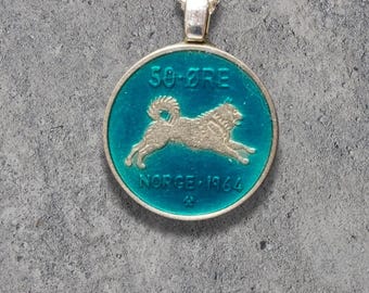 Hand Painted Norway Coin. Elkhound Dog Pendant. 1 inch coin dated 1964