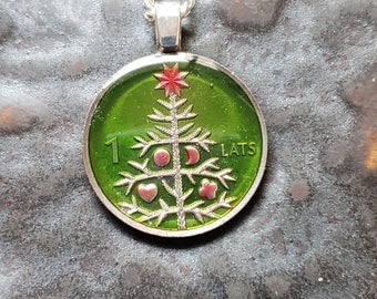 Latvia - Christmas Tree Coin Pendant.  Hand Painted by Ann Nolen. Coin size dainty, about 7/8 inch. Coin date 2009. 16" chain.
