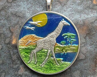 Hand Painted Sierra Leone Coin. Giraffe Pendant. 1-1/2 inch coin dated 2005.