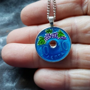 Greece Wine Grape Coin Pendant. Hand Painted by Ann Nolen. Coin size Dainty, about 7/8 inch. Dates 1954, 1966, or 1969. image 3