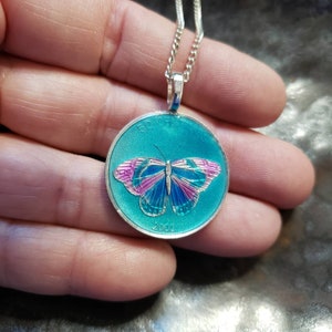 Coin from Congo, hand painted by Ann Nolen. Butterfly Pendant. Coin size Small, about 1 inch. Coin date 2002. Coin Jewelry image 2
