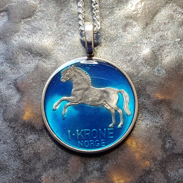 Coin from Norway, Hand Painted by Ann Nolen. Fjord Horse. Coin size Small, about 1 inch. Coin dates vary. Pendant.