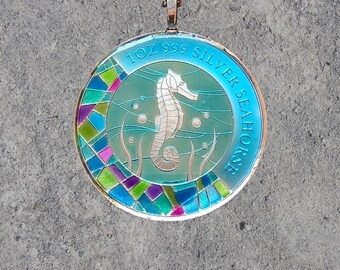 Hand Painted Samoa Silver Coin. Seahorse Pendant. 1-1/2 inch coin dated 2018