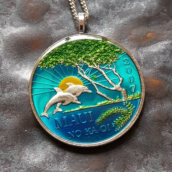 Coin from Maui Hawaii, Hand Painted by Ann Nolen. Dolphins pendant. Coin size large, about 1-1/2 inch. Coin date 2007.