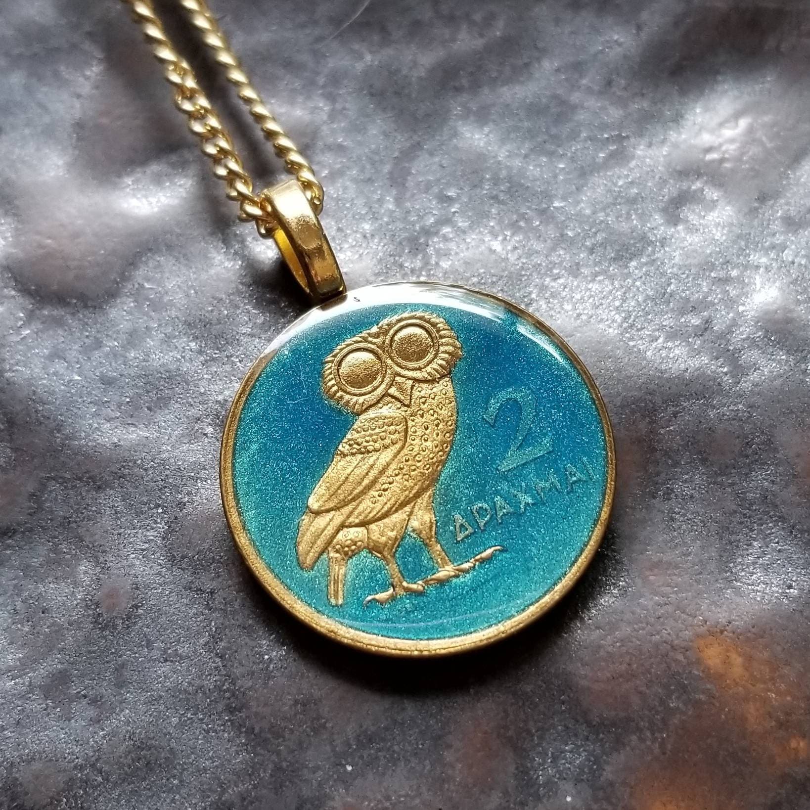 Greece Ancient Owl Coin Pendant Hand Painted by Ann Nolen. Etsy