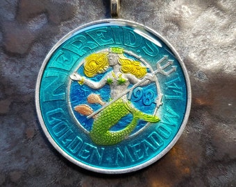 Mardi Gras Token, Mermaid. Hand Painted by Ann Nolen. Coin size large, about 1-1/2 inch. Coin date 1984, made of aluminum. Coin Jewelry.