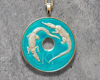 Hand Painted Papua New Guinea Coin. Crocodile Pendant. 1-1/4 inch coin dated 1979.