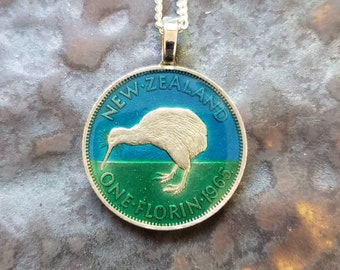 New Zealand coin,  Kiwi Bird. Hand Painted by Ann Nolen. Coin size Small, about 1-1/8 inch. Coin date 1965. Coin Jewelry.