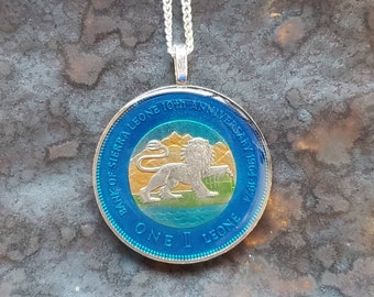 Sierra Leone - Lion Coin Pendant. Hand Painted by Ann Nolen. Coin size Large, about 1-1/2 inch. Coin date 1974.