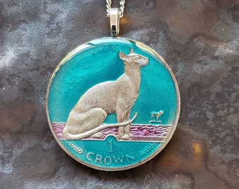 Isle of Man - Siamese Cat Coin Pendant. Hand Painted by Ann Nolen. Coin size Large, about 1-1/2 inch. Coin date 1992. Coin Jewelry!