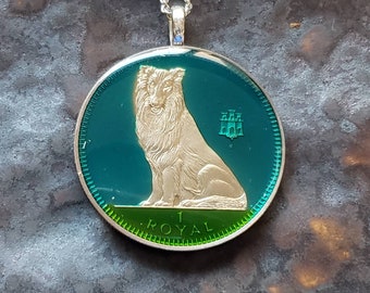 Gibraltar - Collie Dog Coin Pendant. Hand Painted by Ann Nolen. Coin size Large, about 1-1/2 inch. Coin date 1995.