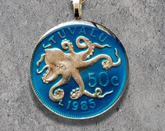 Hand Painted 1997 Tuvalu Coin. Octopus Pendant. 1-1/4 inch coin.