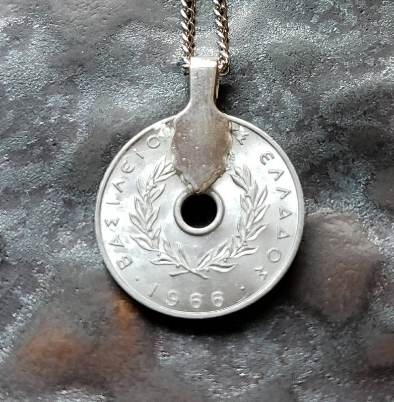 Greece Wine Grape Coin Pendant. Hand Painted by Ann Nolen. Coin size Dainty, about 7/8 inch. Dates 1954, 1966, or 1969. image 2