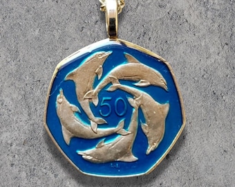 Hand Painted Gibraltar Coin. Dolphins Pendant. 1 inch coin dated 1997.