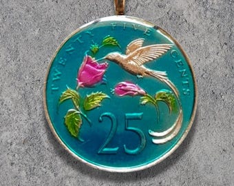 Hand Painted 1987 Jamaica Coin. Hummingbird Pendant. 1-1/4 inch coin.