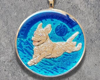 Hand Painted Great Britain Silver Coin. Year of the Dog Pendant. 1-1/2 inch coin dated 2018.