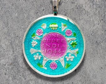 Hand Painted British India Silver Coin. Flower Mandala Pendant by artist Ann Nolen