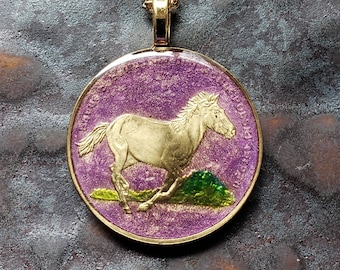 Poland - Tarpan Horse Coin Pendant - Hand Painted by Ann Nolen. Coin size Small, about 1 inch. Coin date 2014. Color purple.