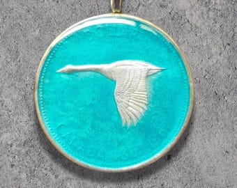 Hand Painted Canada Silver Coin. Flying Geese Pendant. 1-1/2 inch coin dated 1967.