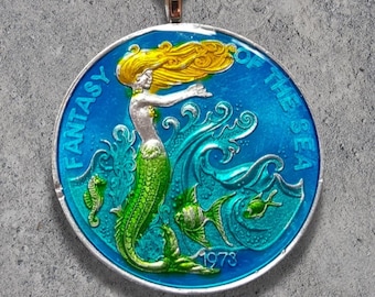 Hand Painted Mardi Gras Coin-Token. Mermaid Pendant by artist Ann Nolen. Coin dated 1973.
