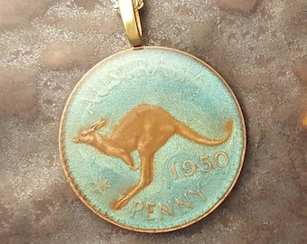 Australia - Kangaroo Penny Coin Pendant. Hand Painted Coin by Ann Nolen. Coin size Medium, about 1-1/4 inch. Coin date 1962.