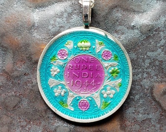 Coin from British India, Hand Painted by Ann Nolen. Flower Mandala pendant, Silver. Coin size Medium, about 1-1/4". Coin dates 1944 or 1945.