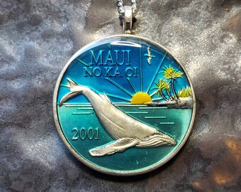Maui Hawaii - Humpback Whale Coin Pendant.  Hand Painted by Ann Nolen. Coin size Large, about 1-1/2 inch. Coin date 2001