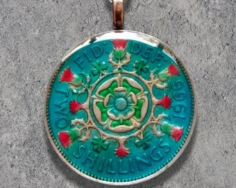 Hand Painted Great Britain coin: National Plants Pendant by artist Ann Nolen