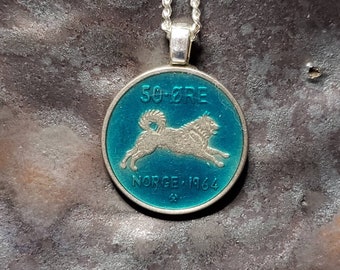 Norway - Elkhound Dog Coin Pendant. Hand Painted by Ann Nolen. Coin size Dainty, about 7/8 inch. Coin date 1964, 1967, or 1972..