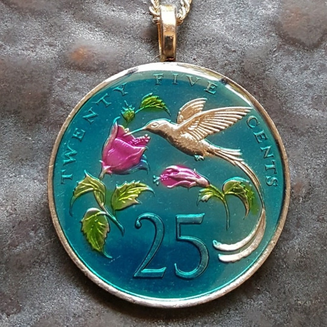 Jamaica Hummingbird Coin Pendant. Coin Hand Painted by Ann Nolen. Coin